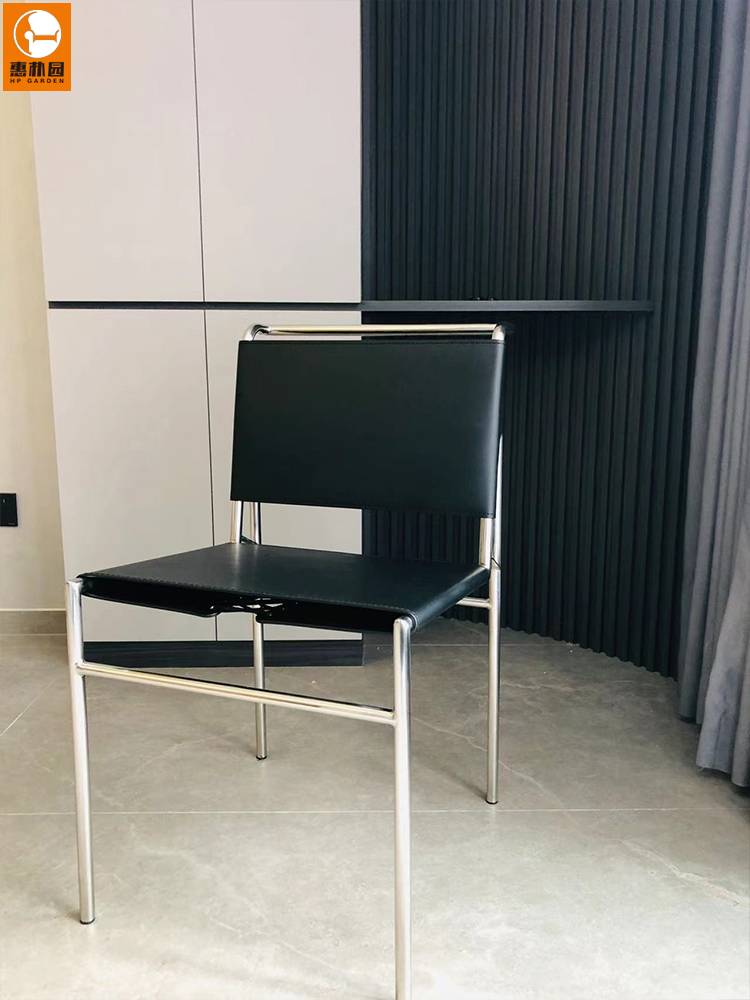 Rootbren chair, minimalist saddle leather dining chair Nordic designer light luxury restaurant household stainless steel chair