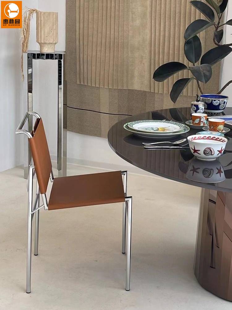 Rootbren chair, minimalist saddle leather dining chair Nordic designer light luxury restaurant household stainless steel chair