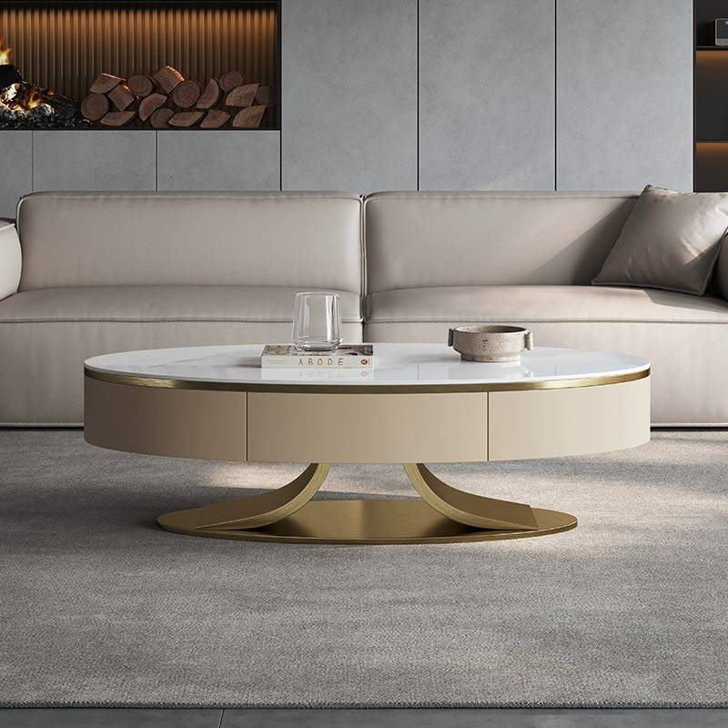 Italian light luxury stainless steel oval rock board coffee table modern minimalist living room art saddle coffee table