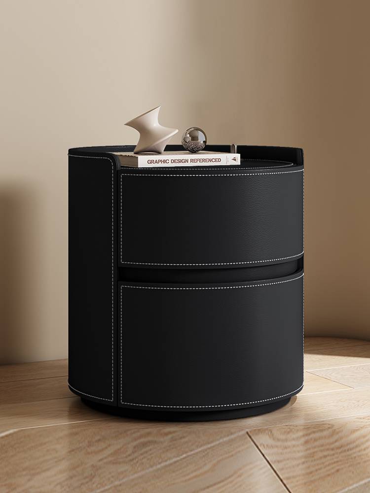 Children's room Creative circular bedside cabinet, saddling leather, minimalist, luxurious high -level sensor, small -scale full -solid wood bedroom storage box