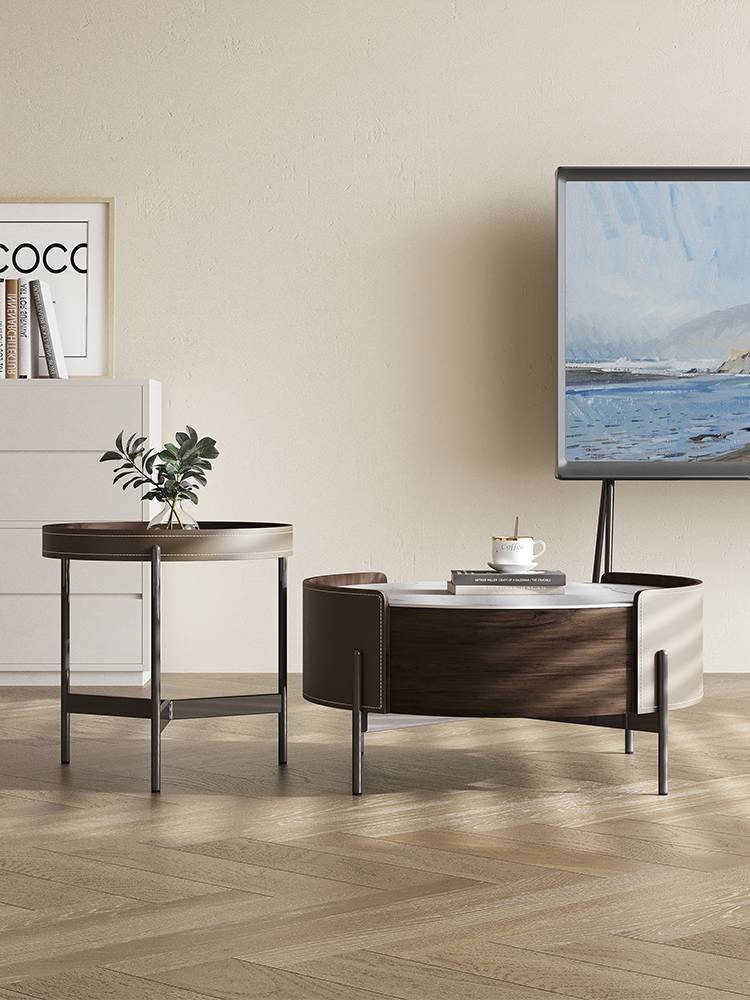 2024 new saddling leather rock board coffee table side several combinations of wood grain light luxury simple living room home small apartment tea table