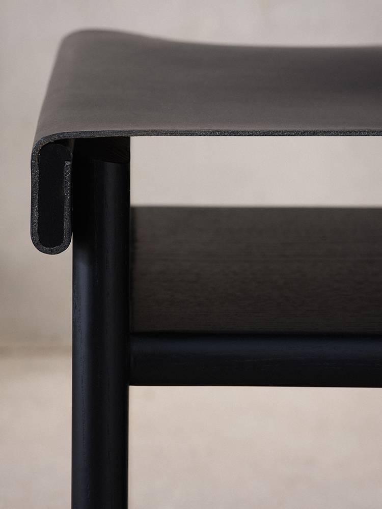 Yiban minimalist black saddling leather sofa stool bedroom solid wood square makeup stool living room home short stool shoe stool