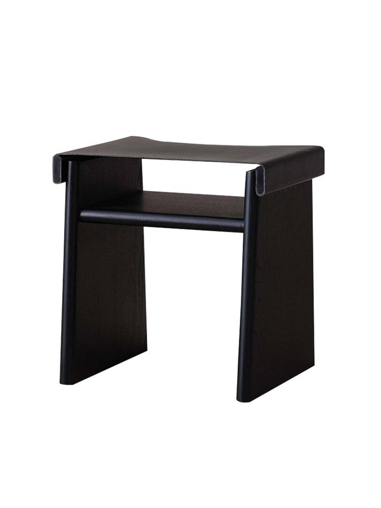 Yiban minimalist black saddling leather sofa stool bedroom solid wood square makeup stool living room home short stool shoe stool