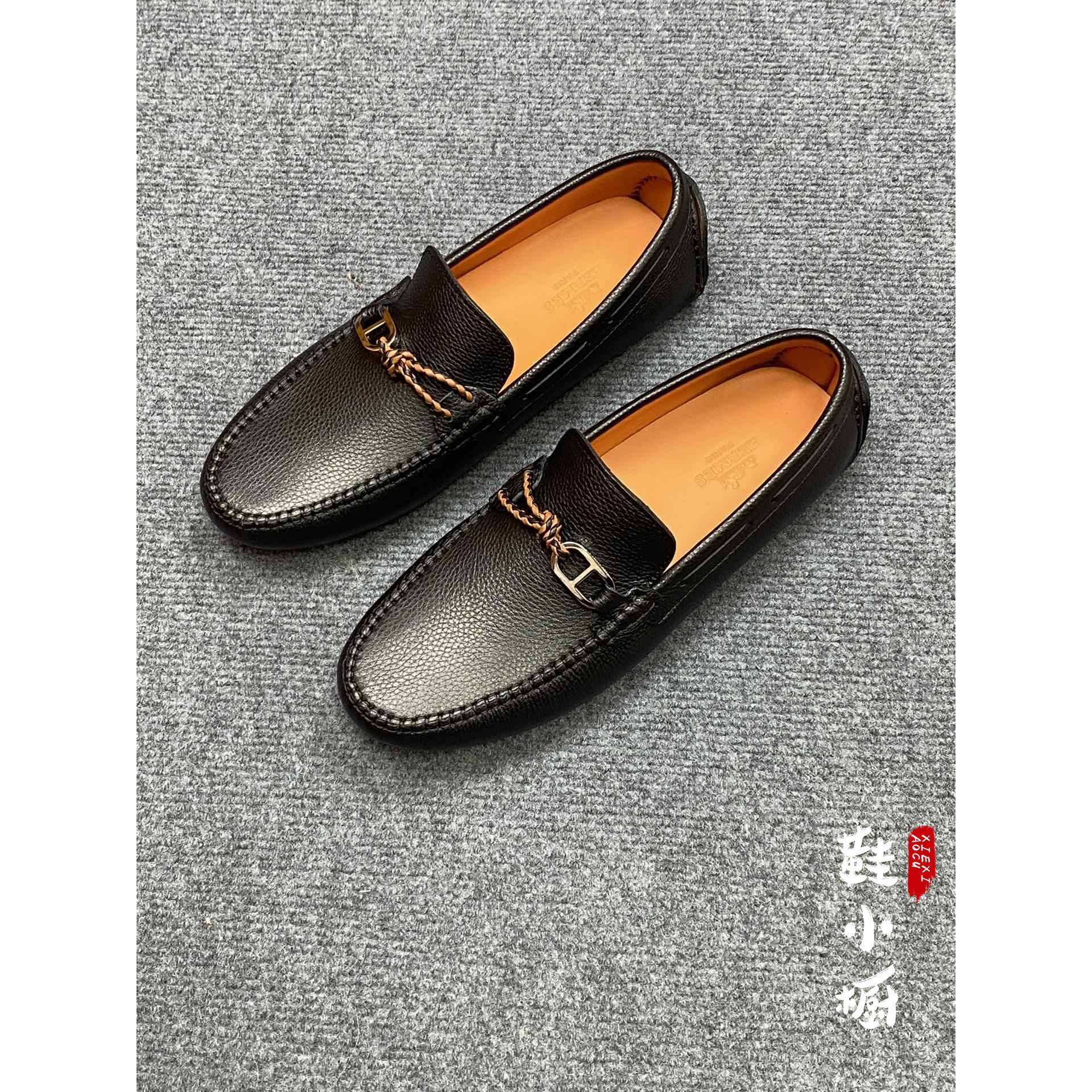 Hermes/Hermes' new golden ring buckle men's shoes woven rope nodes, one pedaling leather shoes, bean shoes