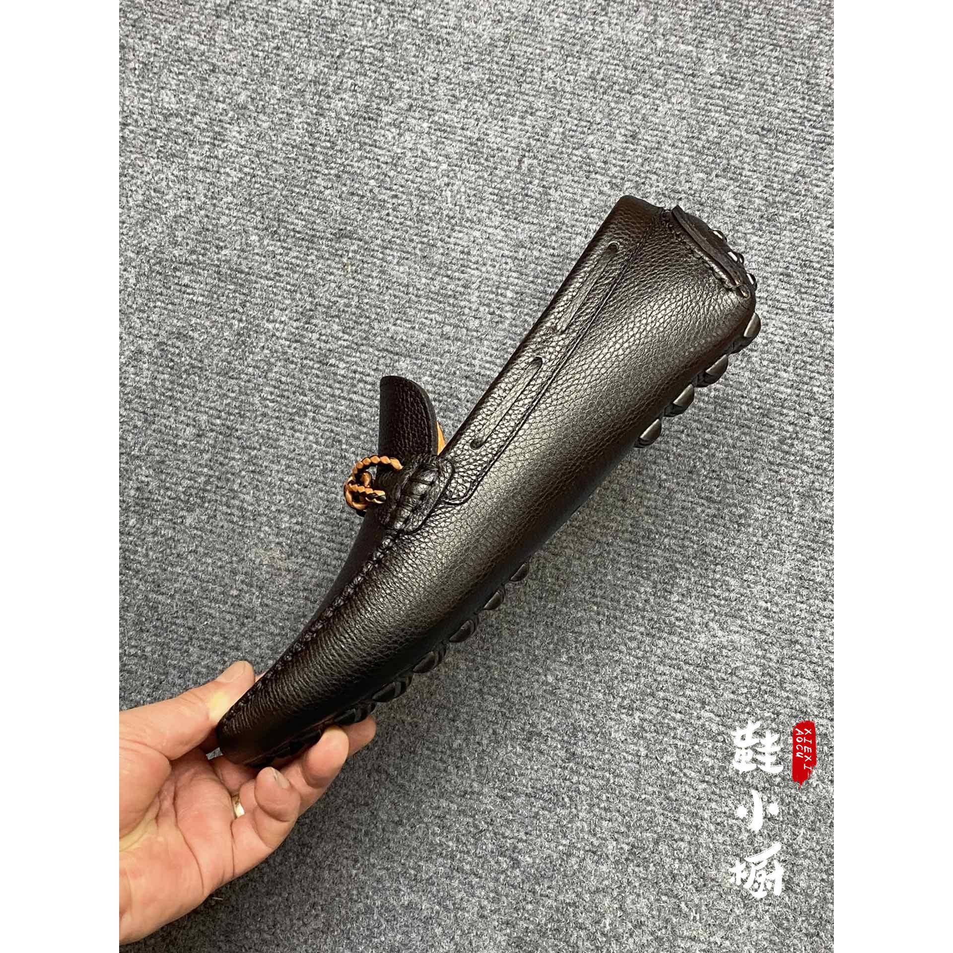 Hermes/Hermes' new golden ring buckle men's shoes woven rope nodes, one pedaling leather shoes, bean shoes
