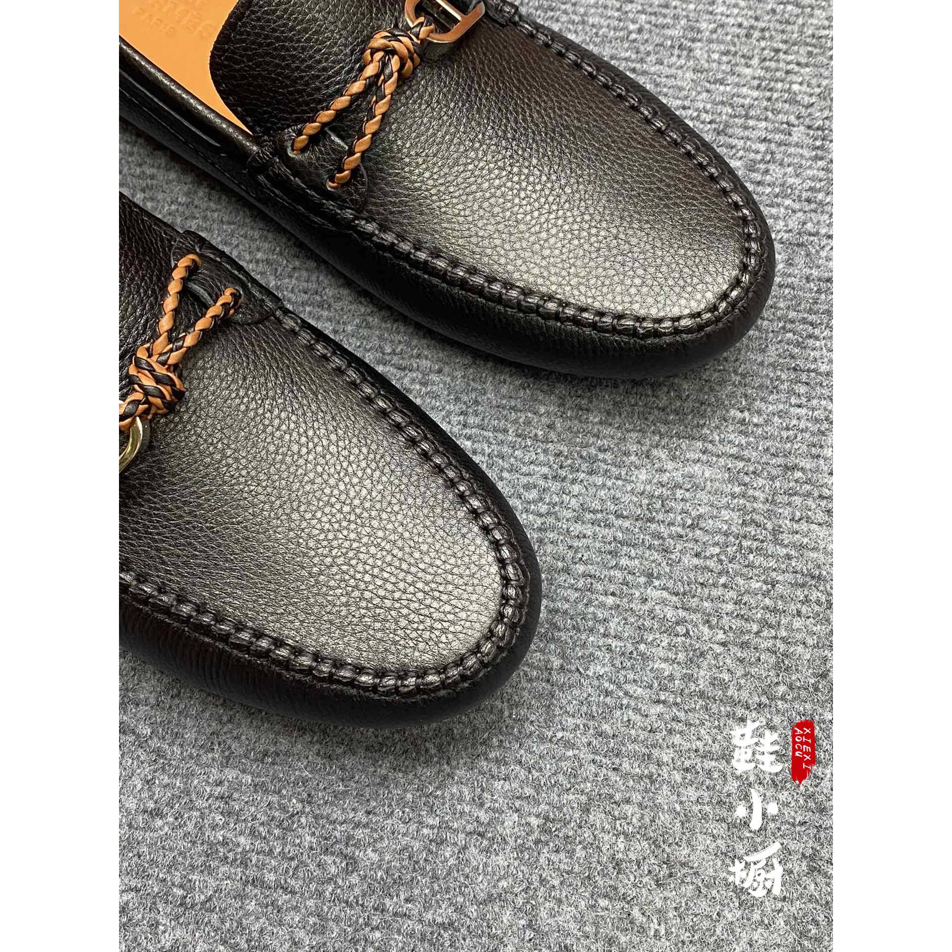 Hermes/Hermes' new golden ring buckle men's shoes woven rope nodes, one pedaling leather shoes, bean shoes