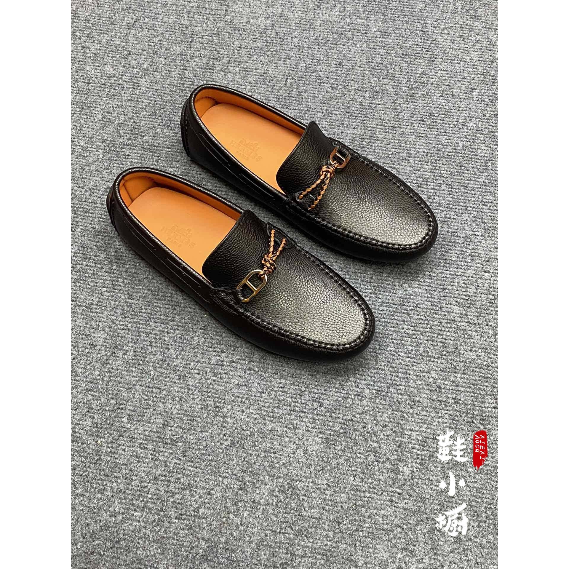 Hermes/Hermes' new golden ring buckle men's shoes woven rope nodes, one pedaling leather shoes, bean shoes