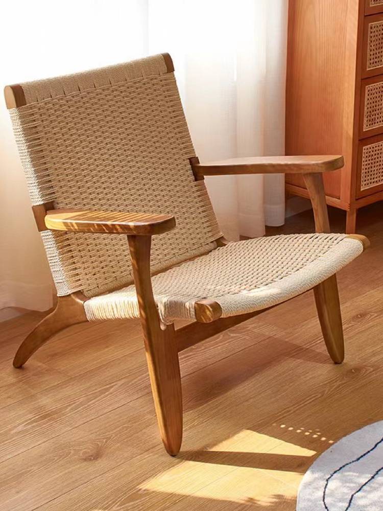 INS simple solid wood saddle leather sofa chair living room balcony leisure raw wood rope compilation of lazy modern home