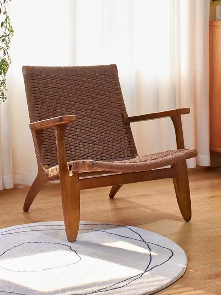 INS simple solid wood saddle leather sofa chair living room balcony leisure raw wood rope compilation of lazy modern home
