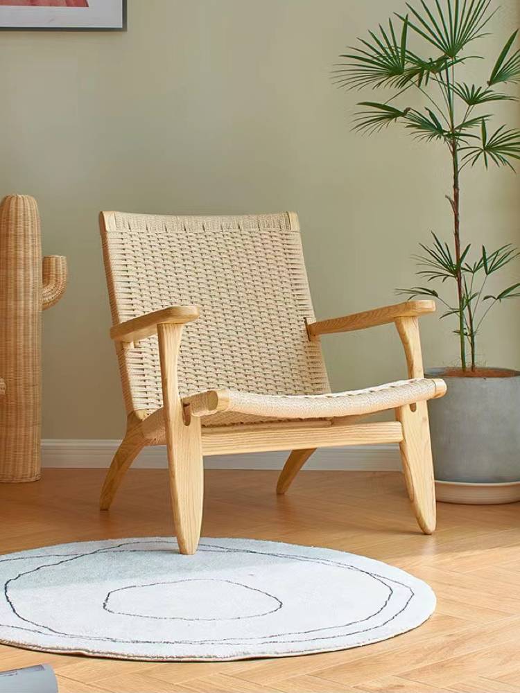 INS simple solid wood saddle leather sofa chair living room balcony leisure raw wood rope compilation of lazy modern home