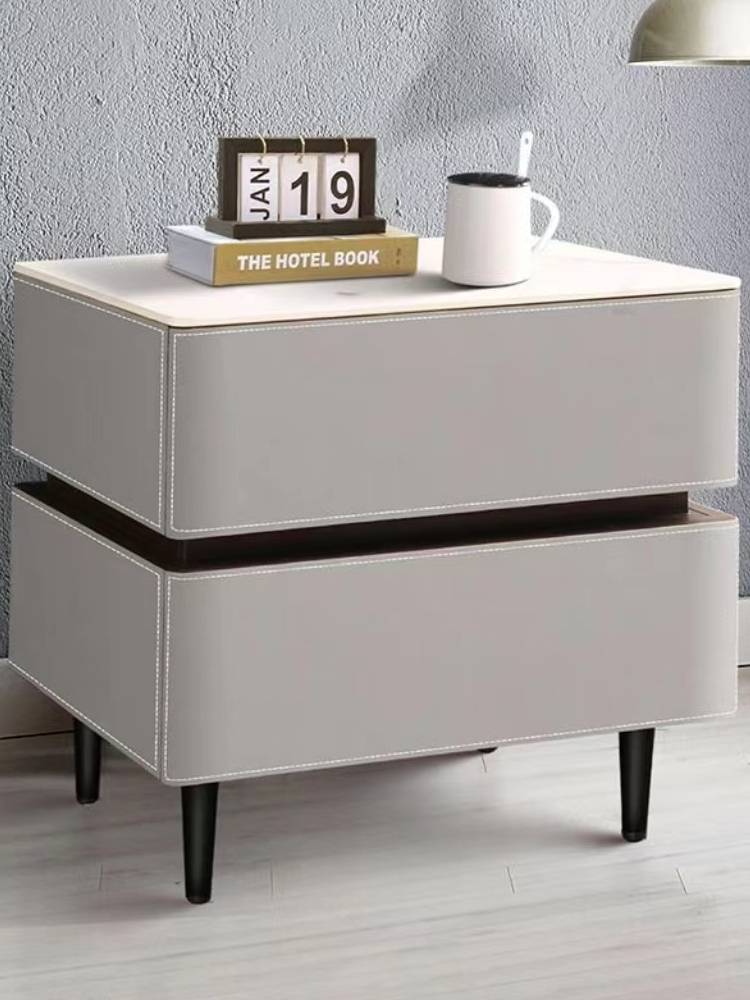 Minimalist modern solid wood bedside table light luxury, simple saddle leather bedside storage storage cabinet bedroom bedside table