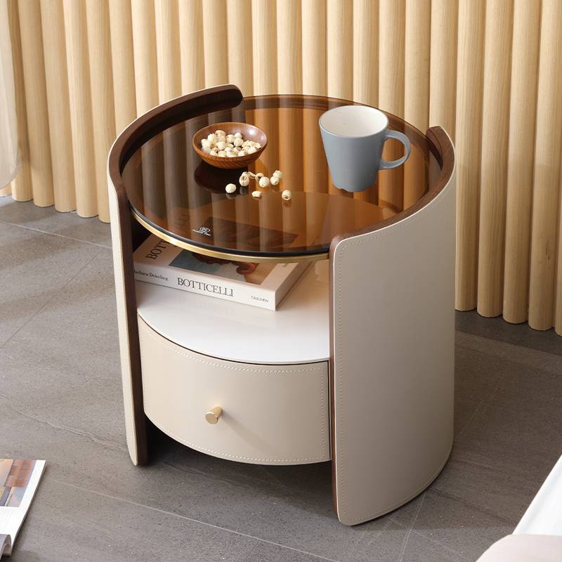Modern simplicity, light luxury horse saddle bed, head cabinet, real wood circular storage storage storage cabinet bedroom model room bedside cabinet