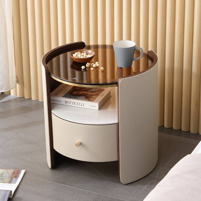 Modern simplicity, light luxury horse saddle bed, head cabinet, real wood circular storage storage storage cabinet bedroom model room bedside cabinet
