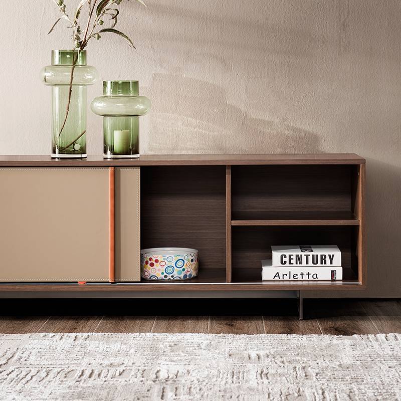 Italian minimalist TV cabinet light luxury living room saddle leather hard leather floor cabinet Italian stainless steel furniture