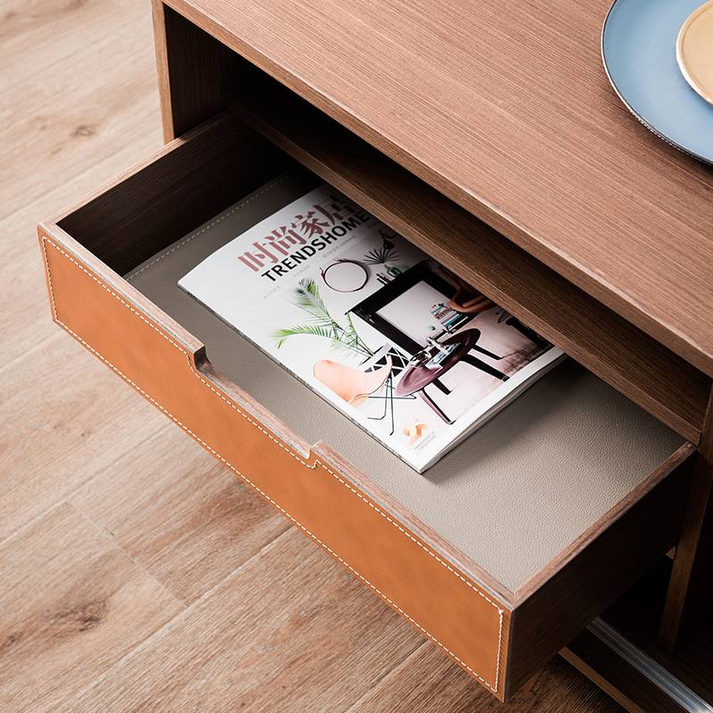 Italian minimalist TV cabinet light luxury living room saddle leather hard leather floor cabinet Italian stainless steel furniture