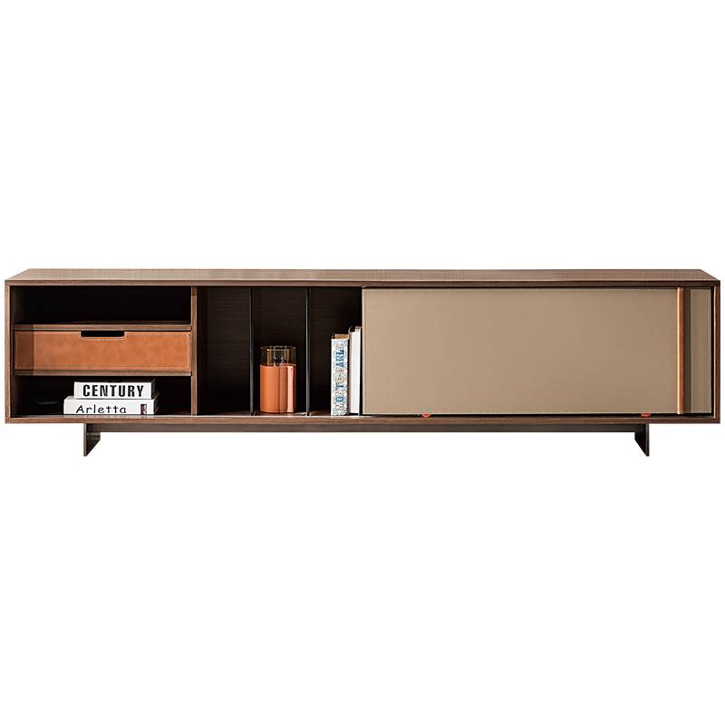 Italian minimalist TV cabinet light luxury living room saddle leather hard leather floor cabinet Italian stainless steel furniture