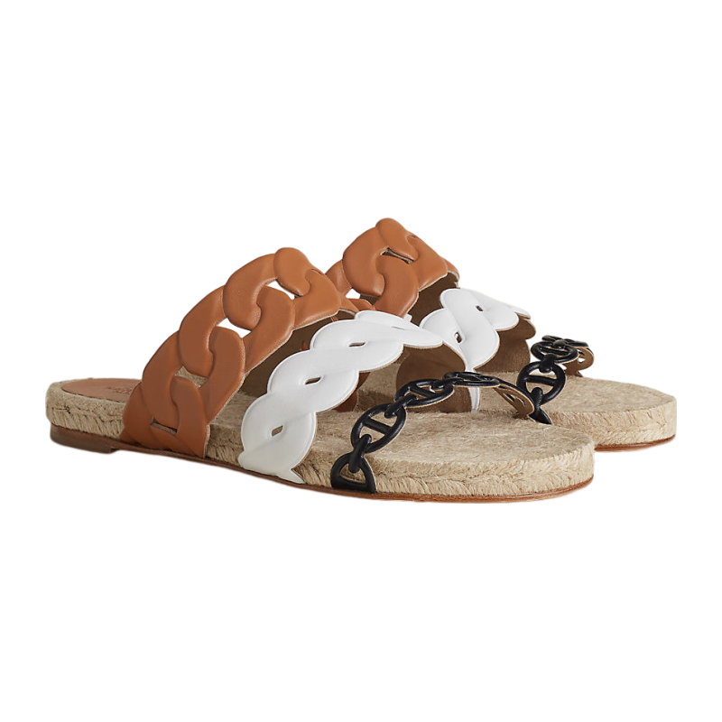 HERMES/Hermes Women's Shoes Multi -color stitching NAPPA leather straw shoes sand slippers