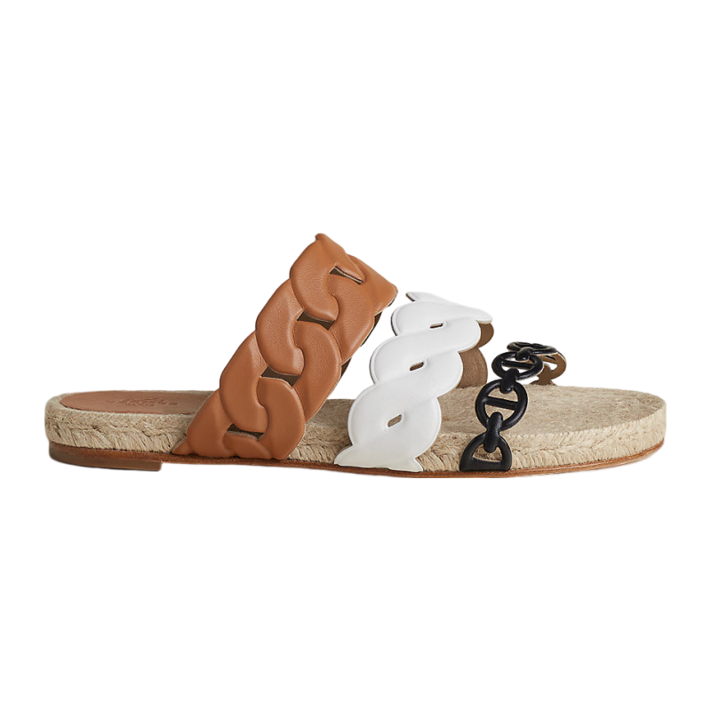HERMES/Hermes Women's Shoes Multi -color stitching NAPPA leather straw shoes sand slippers
