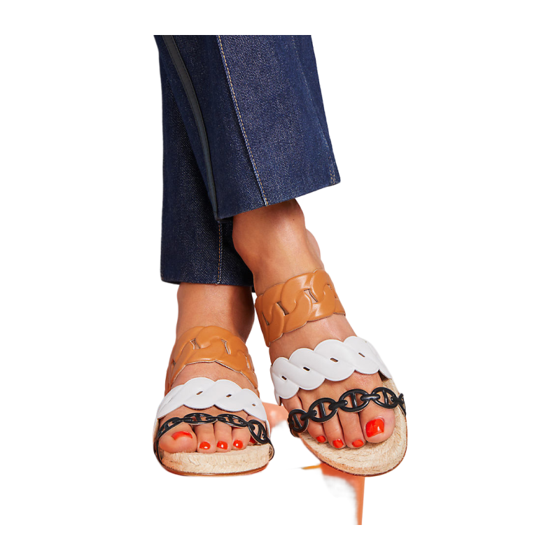 HERMES/Hermes Women's Shoes Multi -color stitching NAPPA leather straw shoes sand slippers