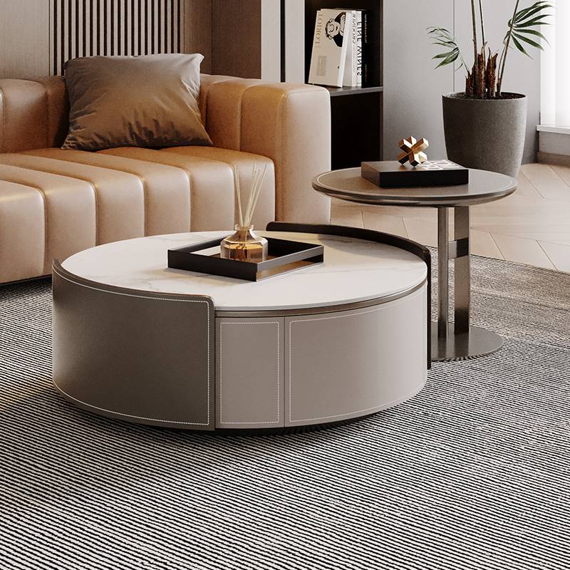 Italian light luxury horse saddle leather rock board round coffee table TV cabinet small apartment size living room size solid wood coffee table combination