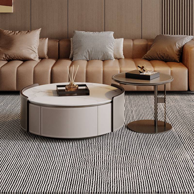 Italian light luxury horse saddle leather rock board round coffee table TV cabinet small apartment size living room size solid wood coffee table combination