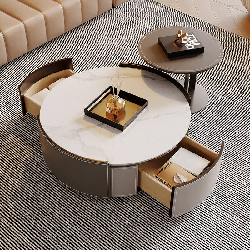 Italian light luxury horse saddle leather rock board round coffee table TV cabinet small apartment size living room size solid wood coffee table combination