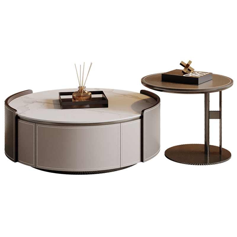 Italian light luxury horse saddle leather rock board round coffee table TV cabinet small apartment size living room size solid wood coffee table combination