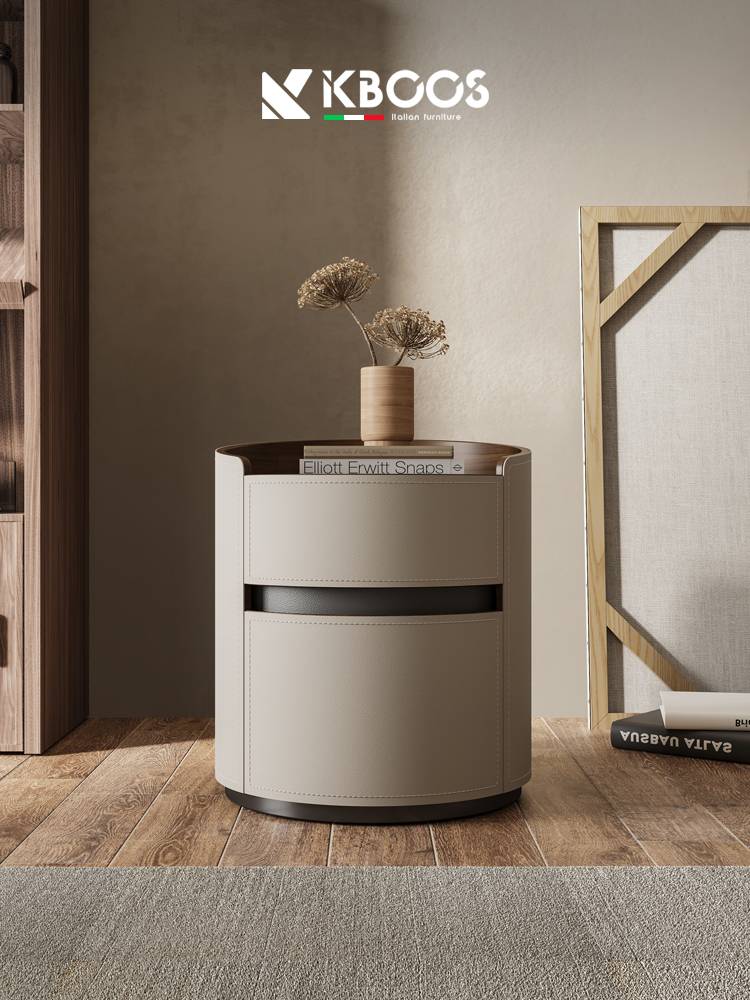 Italian minimalist inlet Saddle leather round bedside table designer size apartment bedroom storage solid wood bedside cabinet