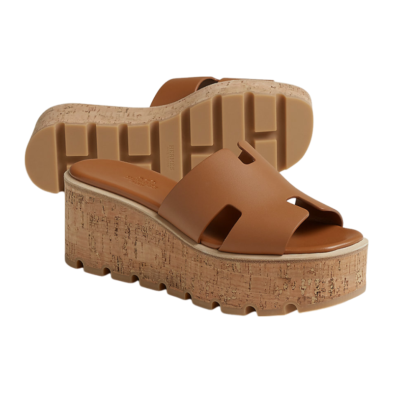 Hermes/Hermes Women's Shoes Brown calfskin H upper wooden sloping sand slippers