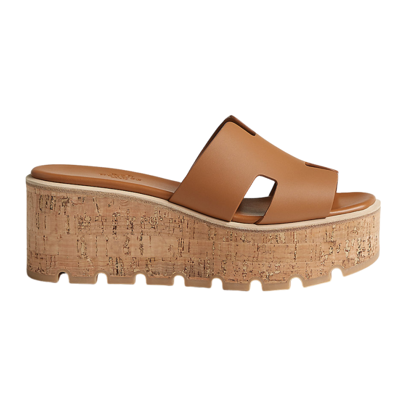 Hermes/Hermes Women's Shoes Brown calfskin H upper wooden sloping sand slippers