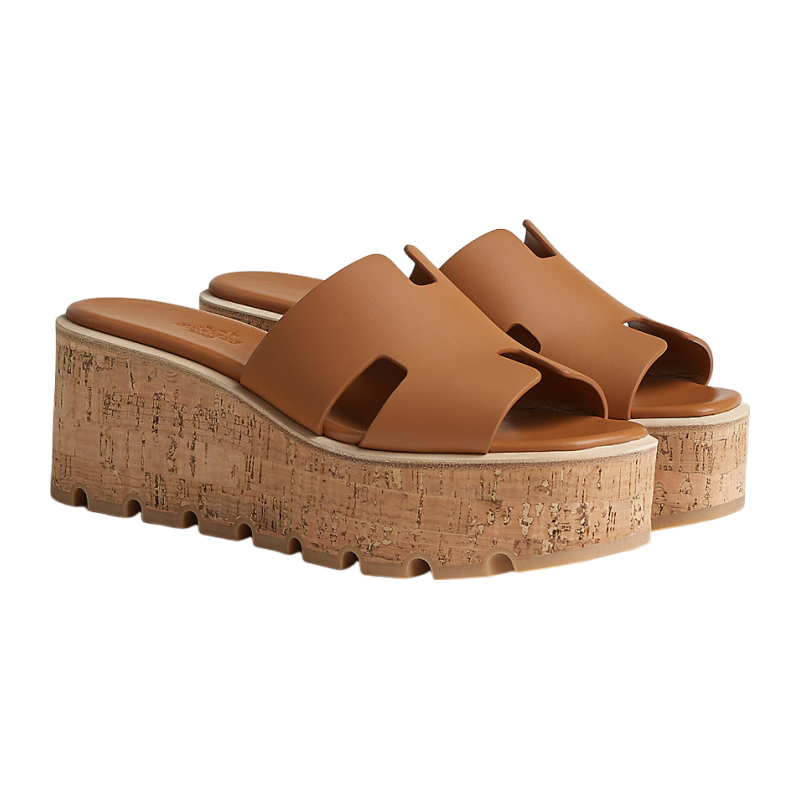 Hermes/Hermes Women's Shoes Brown calfskin H upper wooden sloping sand slippers