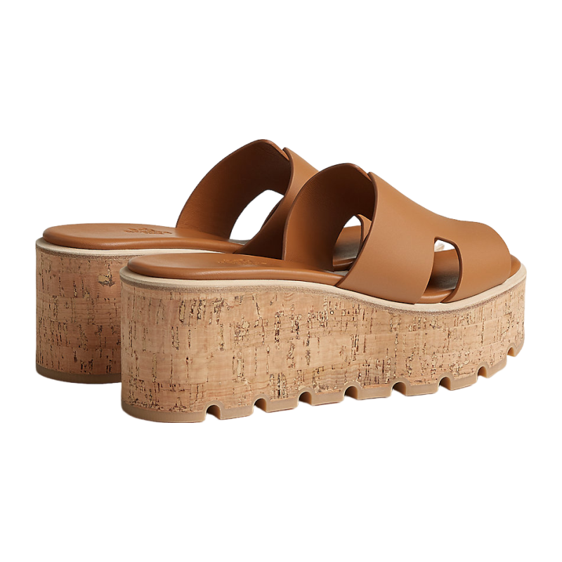Hermes/Hermes Women's Shoes Brown calfskin H upper wooden sloping sand slippers