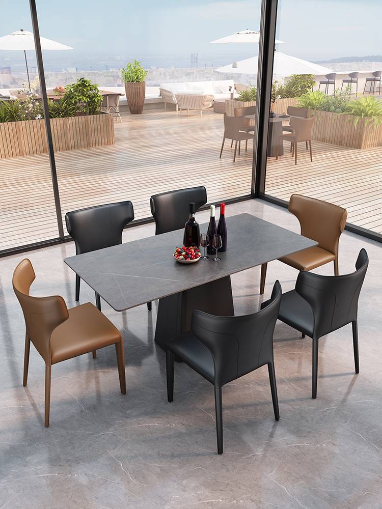 Italian minimalist rock panel table rectangular scenic spot hotel theme restaurant dining designer saddle leather dining chair