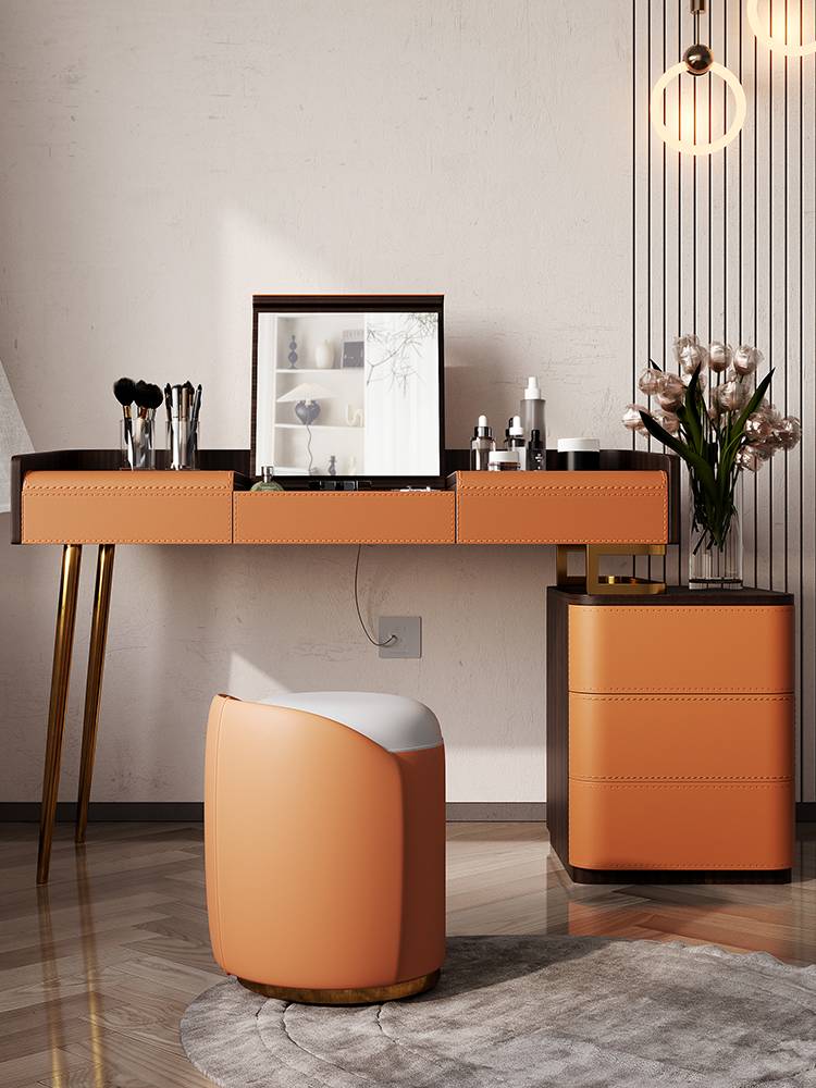 Dress -up table bedroom Modern simplicity can flip the solid wood high -level sensing cabinet all -in -one saddle leather makeup table cabinet light luxury