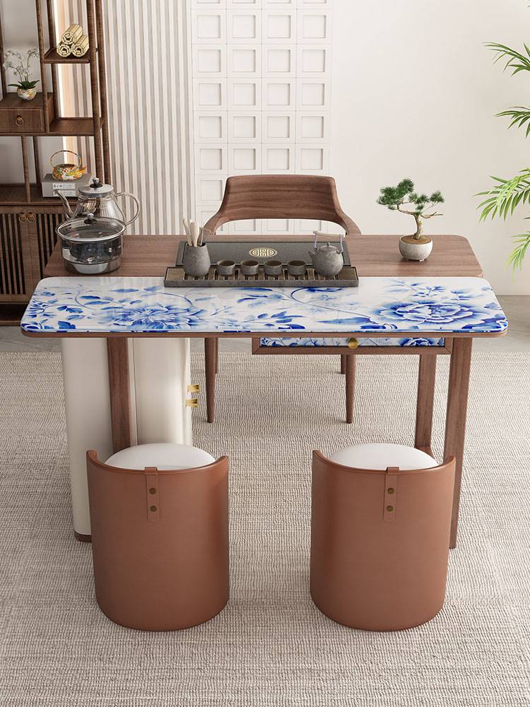 New Chinese -style custom tea table, chair combination blue and white coffee table modern simplicity walnut home small apartment solid wood tea table