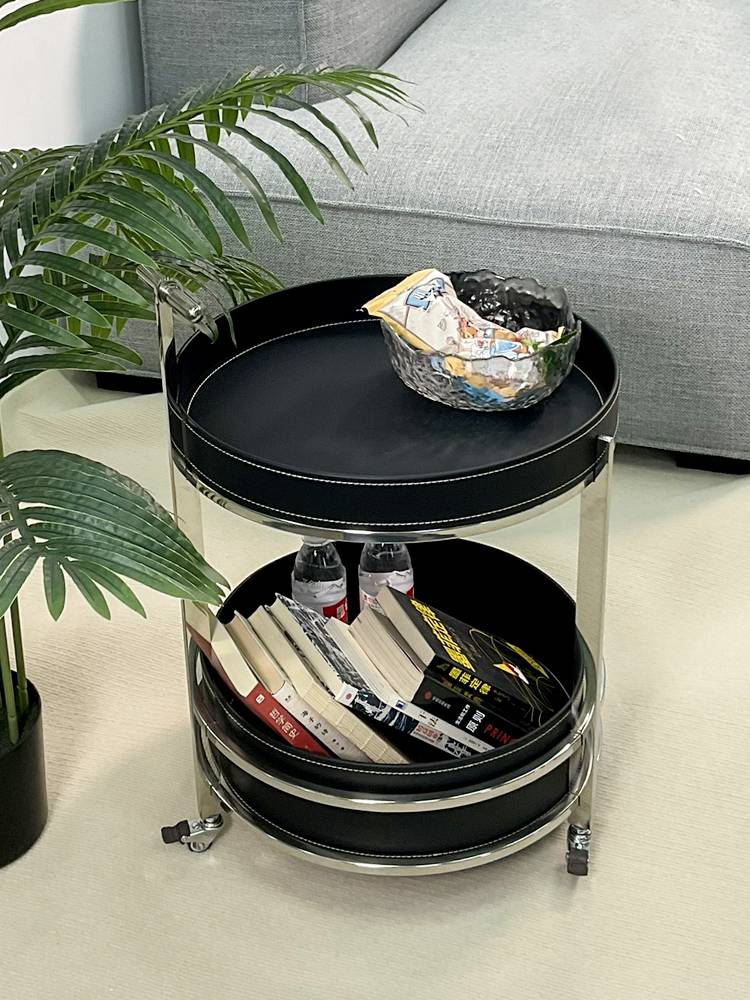 AILLI Nordic style light luxury can mobile small apartment coffee table retro saddle skin round art double -layer storage rack