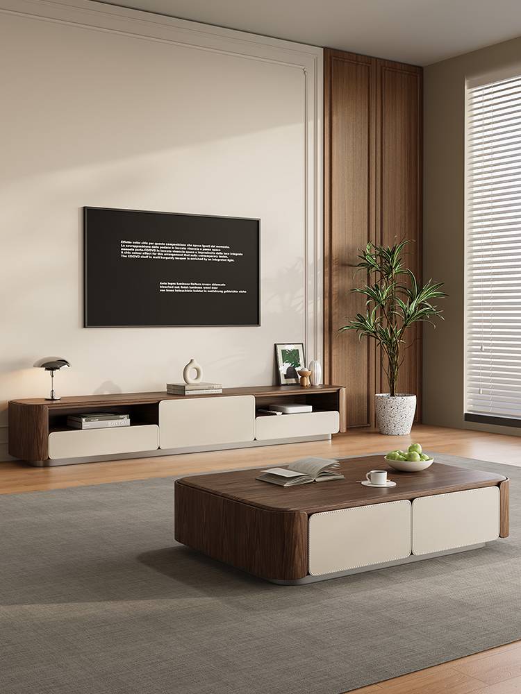 Middle -aged wind saddle leather cubic coffee table TV cabinet combination light luxury living room home small apartment designer coffee table
