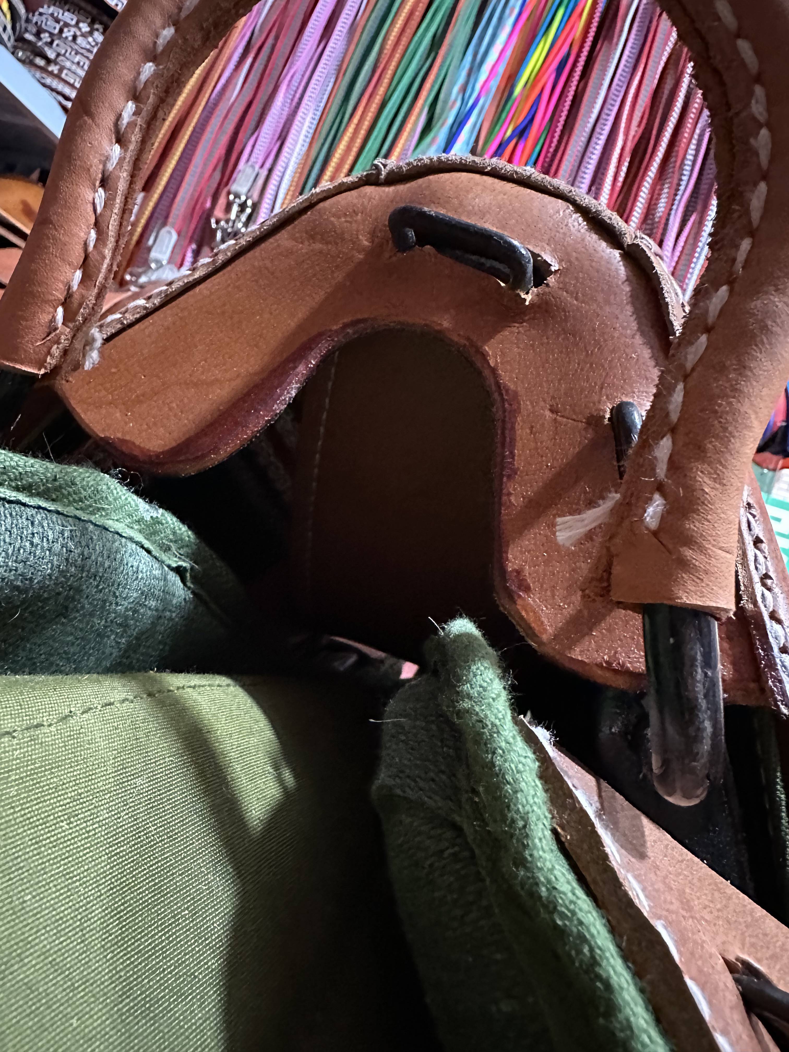 All of the cow-skin parts of the horse's horse's graft are sorely screeched with old army saddles