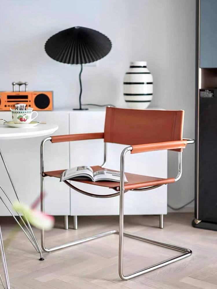 ARMCHAIR Baohaus stainless steel saddle leather leisure office chair Middle net red dining chair Vasily sofa chair