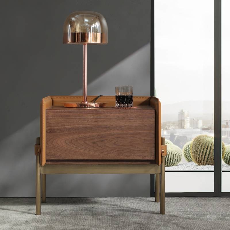 Huayi saddle leather bedside cabinet new model 2023 saddle leather bedside cabinet creative narrow whole solid wood high -level sense net red