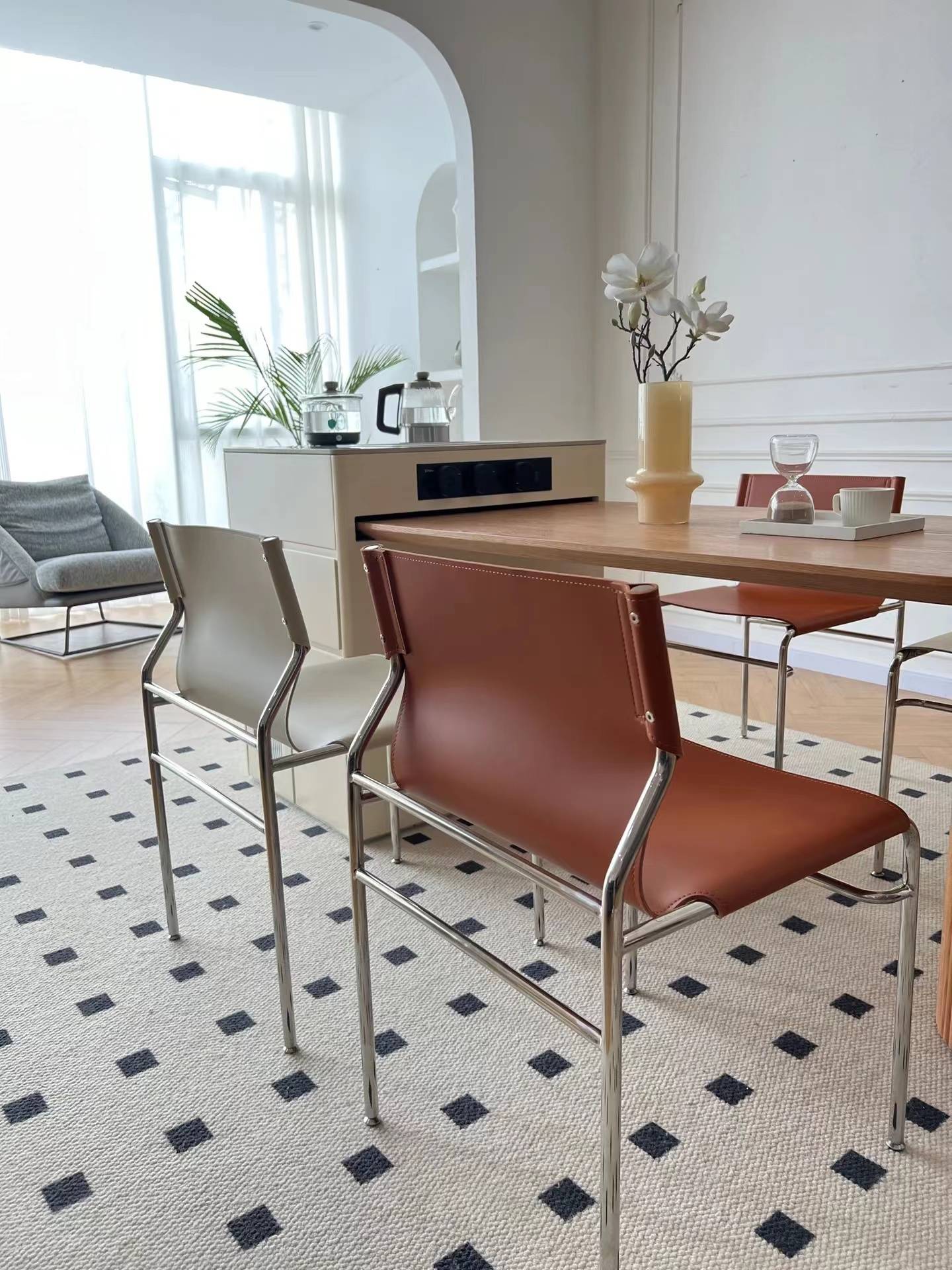 Italian saddle leather Surf Sling Chair dining chair back home minimalist modern stainless steel dining chair stool