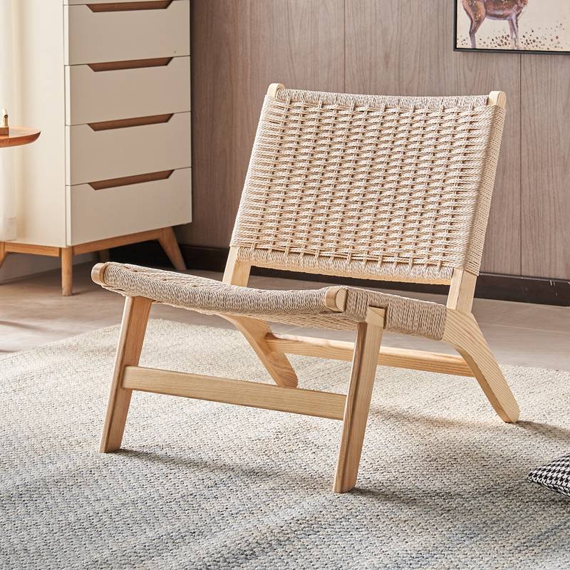 Nordic solid wood sofa chair single -person saddling leather rope chair Japanese -style balcony coffee table coffee table lazy chair