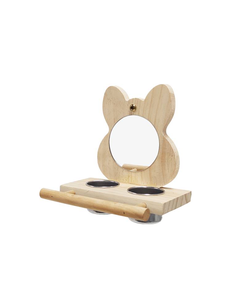 The parrot mirror stands on a fun wood station, with a mirror, and a platinum toy