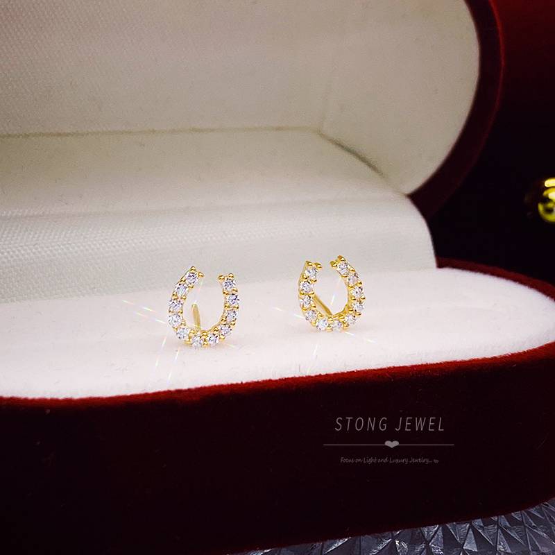 Stong light luxury 925 sterling silver lucky horseshoe iron full diamond earrings mini breathable U letter earrings temperament earrings