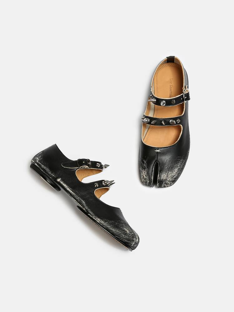 Tabi split -toe shoes new leather willow willow Pentoping breeze flat bottom buckle as old horseshoe pork trotters and shoes women