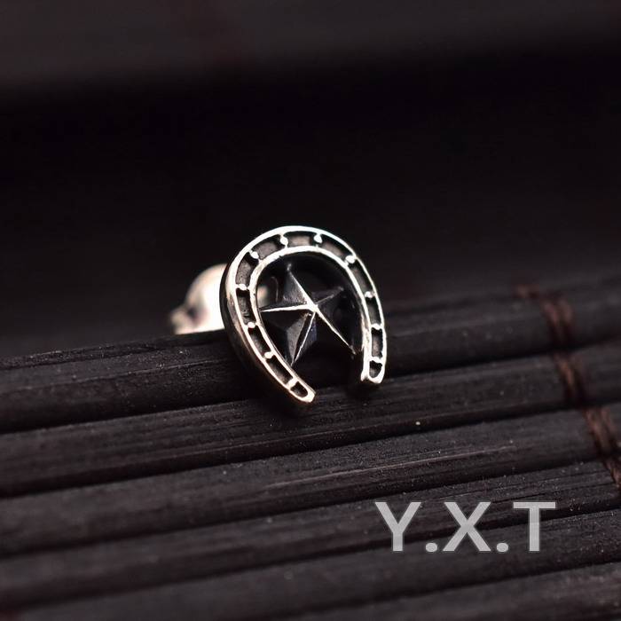925 sterling silver male earrings Horseshoe Iron Pentagon Thailand Retro Personality Ins niche women versatile simplicity