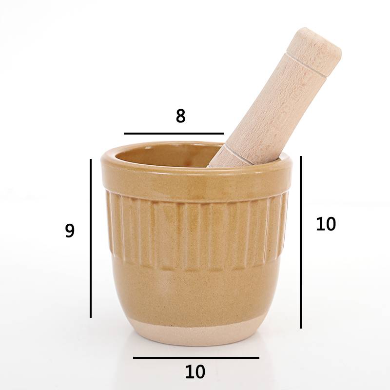 A porcelain yellow jar with a wooden hammer and a lid