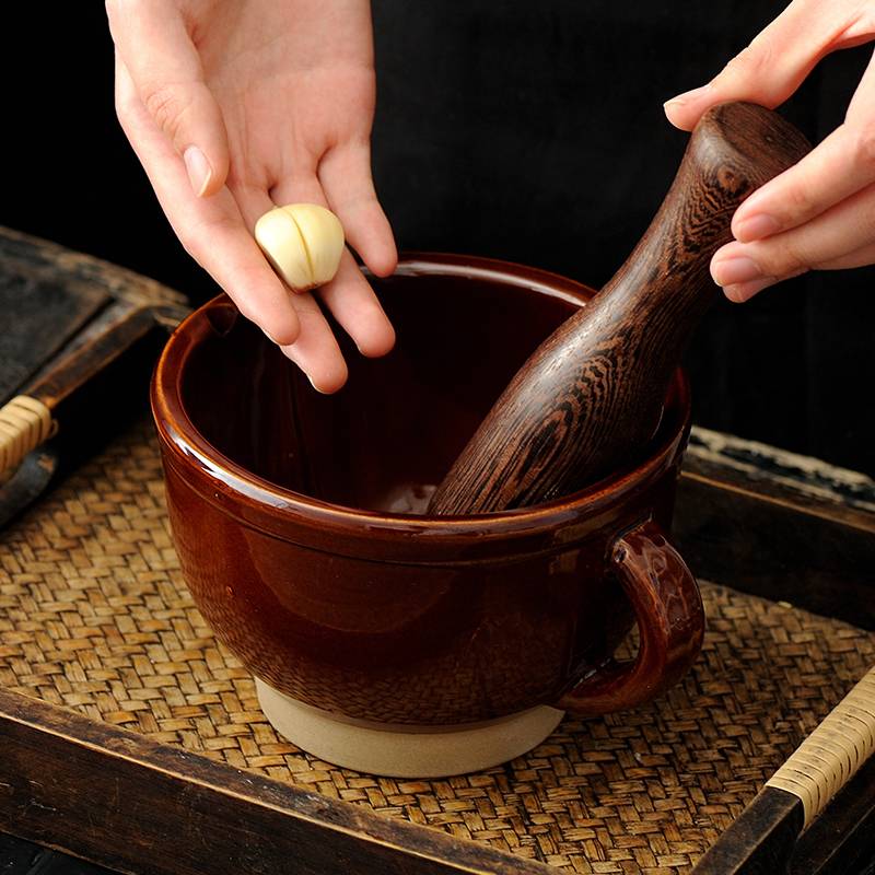 Household old -fashioned bowl wares pound garlic mud pepper, creamy tea ceramic cracked can manual garlic mortar nest
