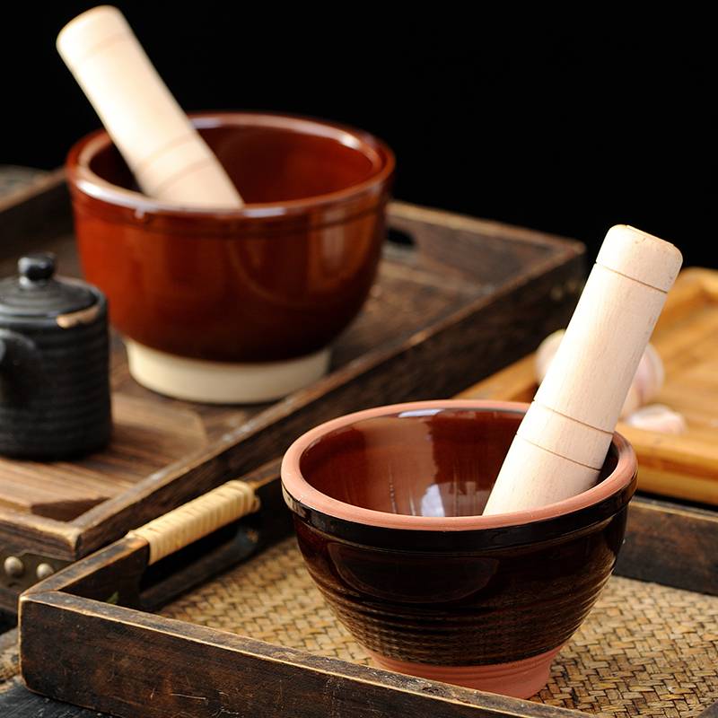Household old -fashioned bowl wares pound garlic mud pepper, creamy tea ceramic cracked can manual garlic mortar nest