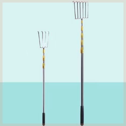 t-grass cleans up the rake, with six teeth, to catch a fish with a rusty steel rod